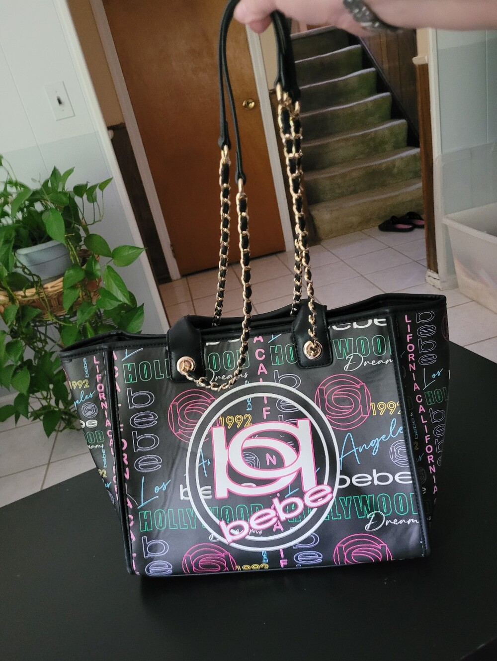 bebe Black Tote with Multicolor Logo Print and Gold Chain Handles - Picture 2 of 9